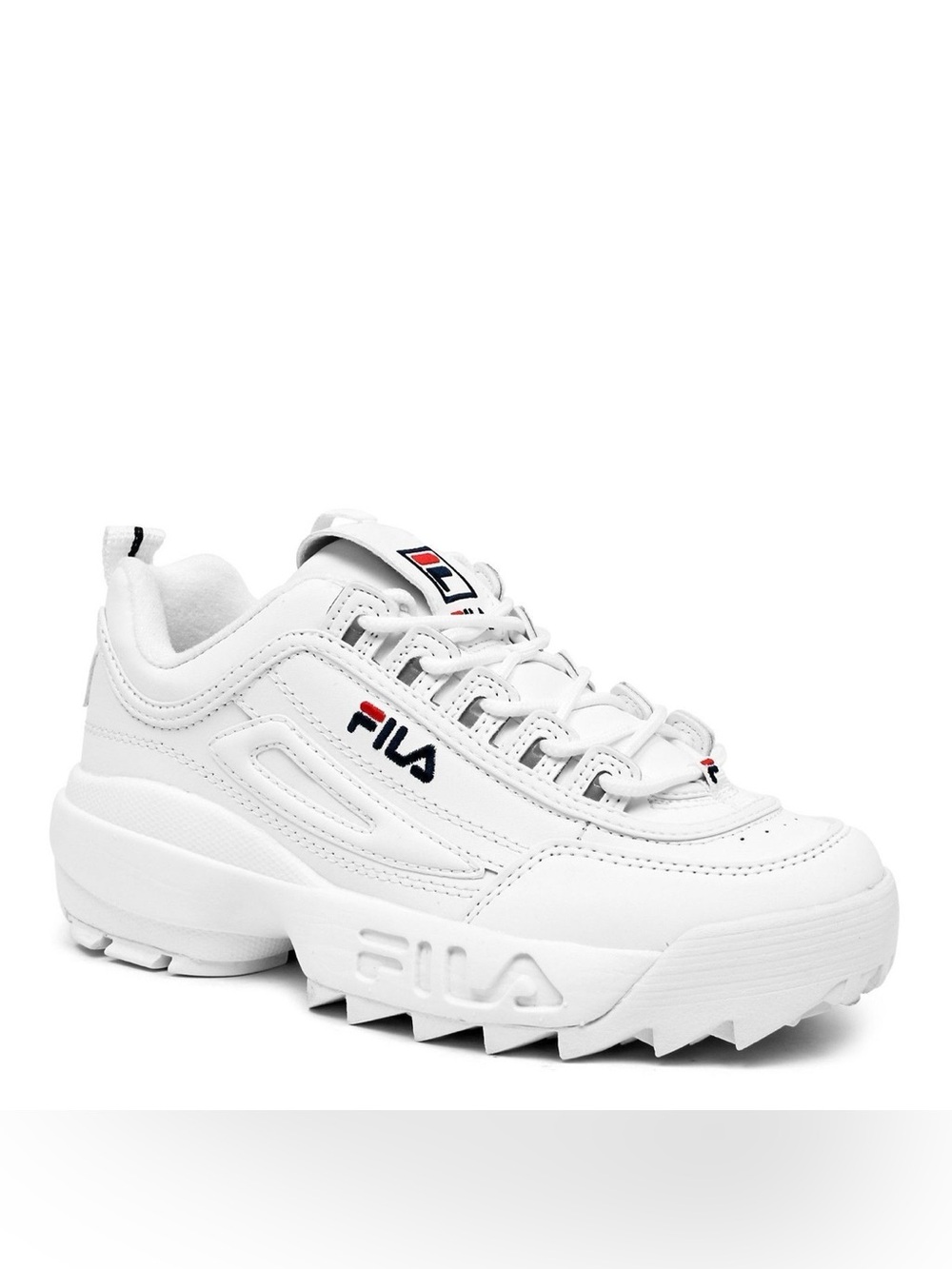 FILA Disruptor 2 — Fila White Chunky Leather Trainer with Red & Navy Logo
